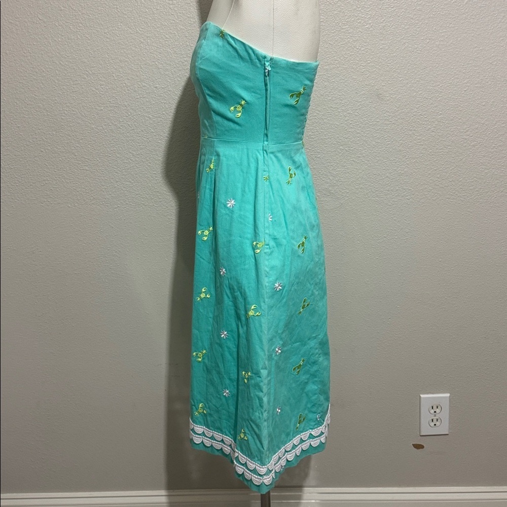 Lilly Pulitzer Vintage Embroidered Lobster and Daisy Teal Strapless Dress - Picture 4 of 6